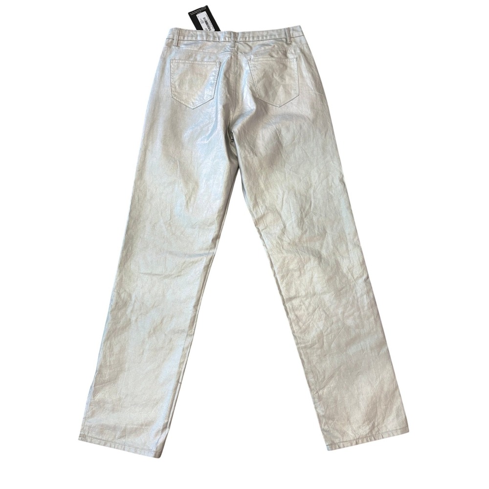 PrettyLittleThing Straight Leg Pants Womens 12 Silver Holographic Split Hem NEW - Picture 7 of 10